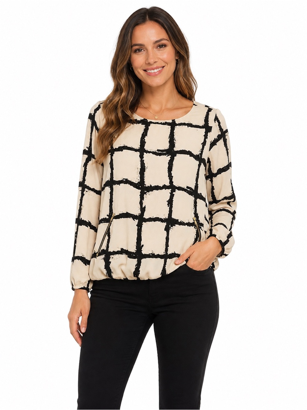 Women's Cream Grid-Print Long Sleeve Blouse - 1036